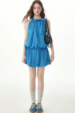 Blue Halter Neck Bow Sleeveless Dress