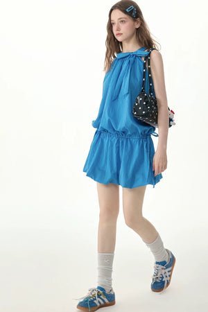 Blue Halter Neck Bow Sleeveless Dress