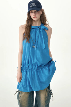 Blue Halter Neck Bow Sleeveless Dress