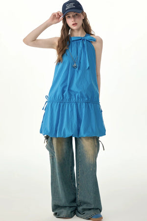 Blue Halter Neck Bow Sleeveless Dress