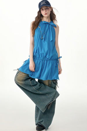 Blue Halter Neck Bow Sleeveless Dress