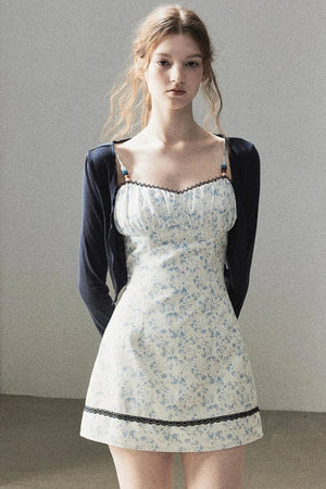 Blue Iris Floral Spaghetti Strap Dress and Cardigan Set-Up