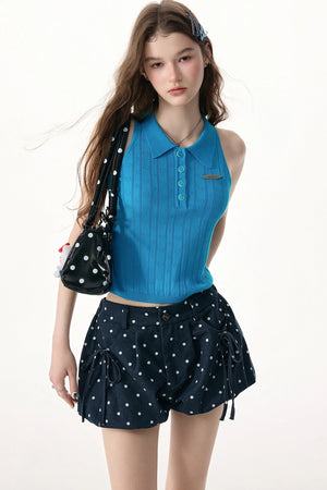 Blue Knit Polo Collar Halter Top