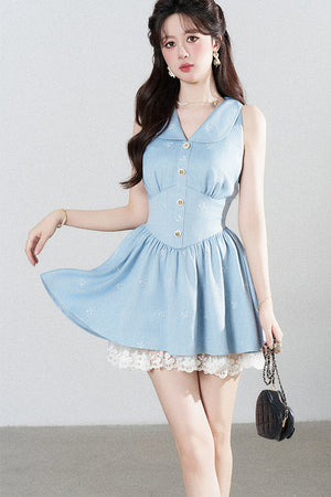 Blue Lapel Sleeveless Spliced Lace Ruffle Dress