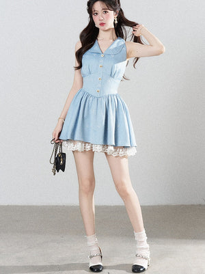 Blue Lapel Sleeveless Spliced Lace Ruffle Dress