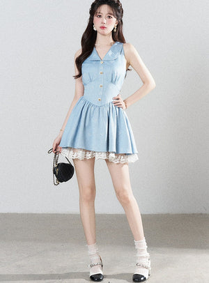 Blue Lapel Sleeveless Spliced Lace Ruffle Dress