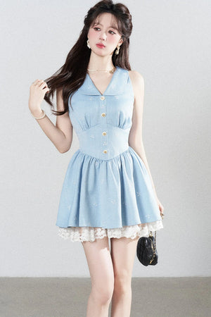 Blue Lapel Sleeveless Spliced Lace Ruffle Dress