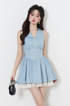 Blue Lapel Sleeveless Spliced Lace Ruffle Dress