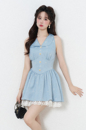 Blue Lapel Sleeveless Spliced Lace Ruffle Dress