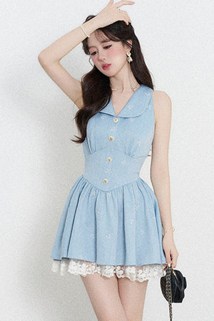 Blue Lapel Sleeveless Spliced Lace Ruffle Dress