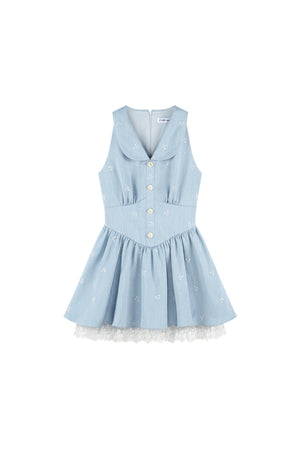 Blue Lapel Sleeveless Spliced Lace Ruffle Dress
