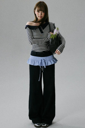 Blue Layered Ruffle Wide-Leg Pants