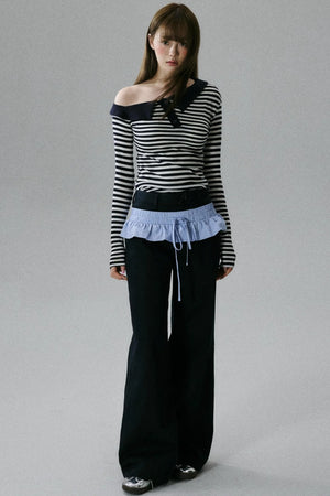 Blue Layered Ruffle Wide-Leg Pants