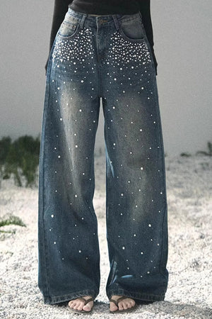 Blue Light Beaded Denim Pants