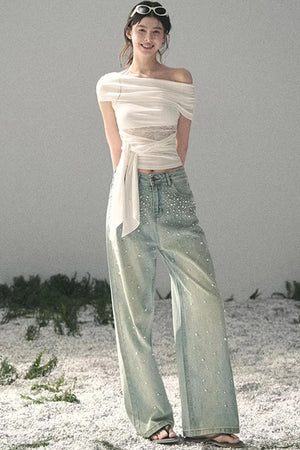 Blue Light Beaded Denim Pants