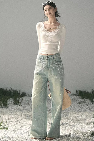 Blue Light Beaded Denim Pants