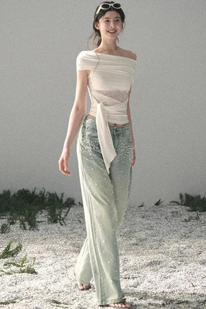 Blue Light Beaded Denim Pants