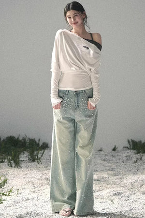 Blue Light Beaded Denim Pants