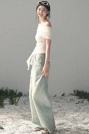 Blue Light Beaded Denim Pants