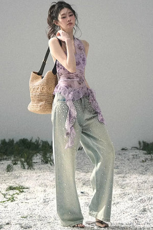 Blue Light Beaded Denim Pants