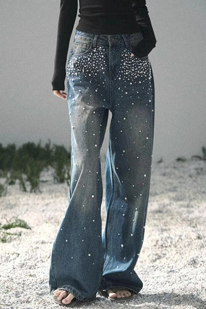 Blue Light Beaded Denim Pants