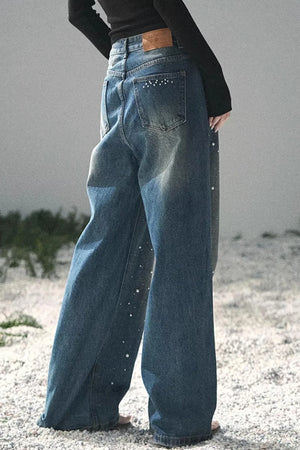 Blue Light Beaded Denim Pants