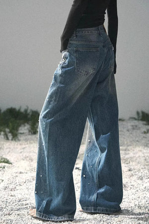 Blue Light Beaded Denim Pants