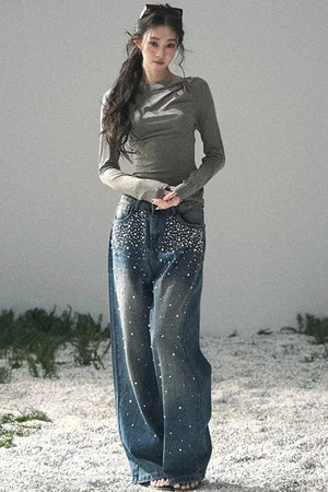 Blue Light Beaded Denim Pants