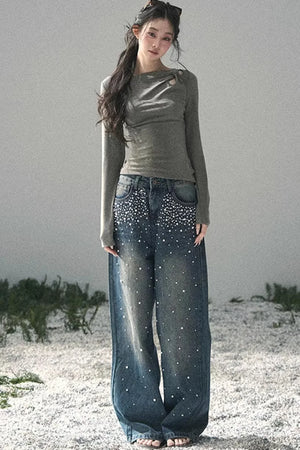 Blue Light Beaded Denim Pants