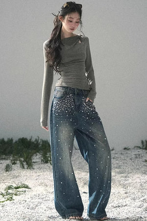 Blue Light Beaded Denim Pants