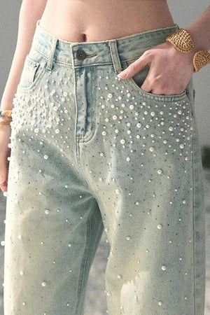Blue Light Beaded Denim Pants