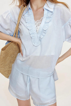 Blue Ocean Linen Cotton V-Neck Stitched Shorts Set-Up