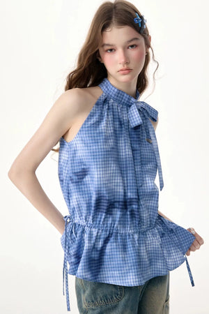Blue Plaid Bow Halter Top