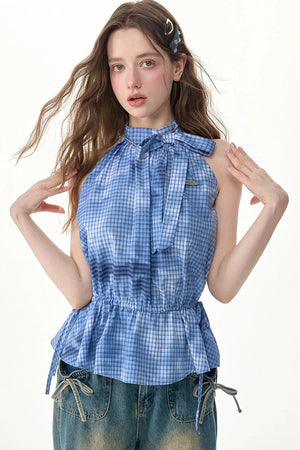 Blue Plaid Bow Halter Top