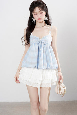 Blue Plaid Floral Camisole Top Set-Up