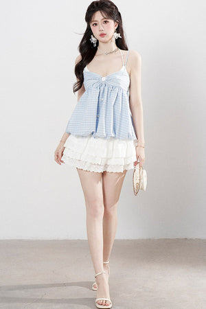Blue Plaid Floral Camisole Top Set-Up