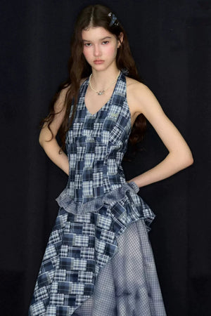 Blue Plaid Halter Asymmetrical Sleeveless Dress