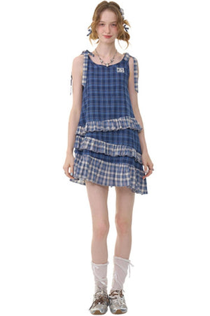 Blue Plaid Halter Dress