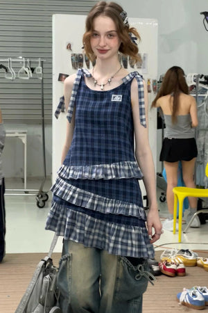Blue Plaid Halter Dress