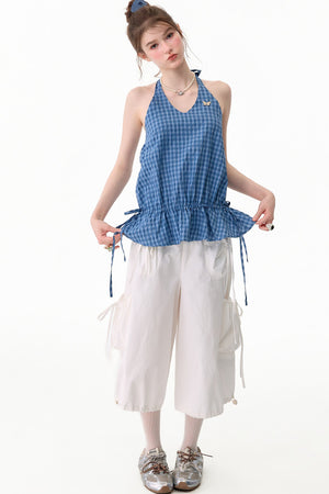 Blue Plaid Halter Neck Tank Top