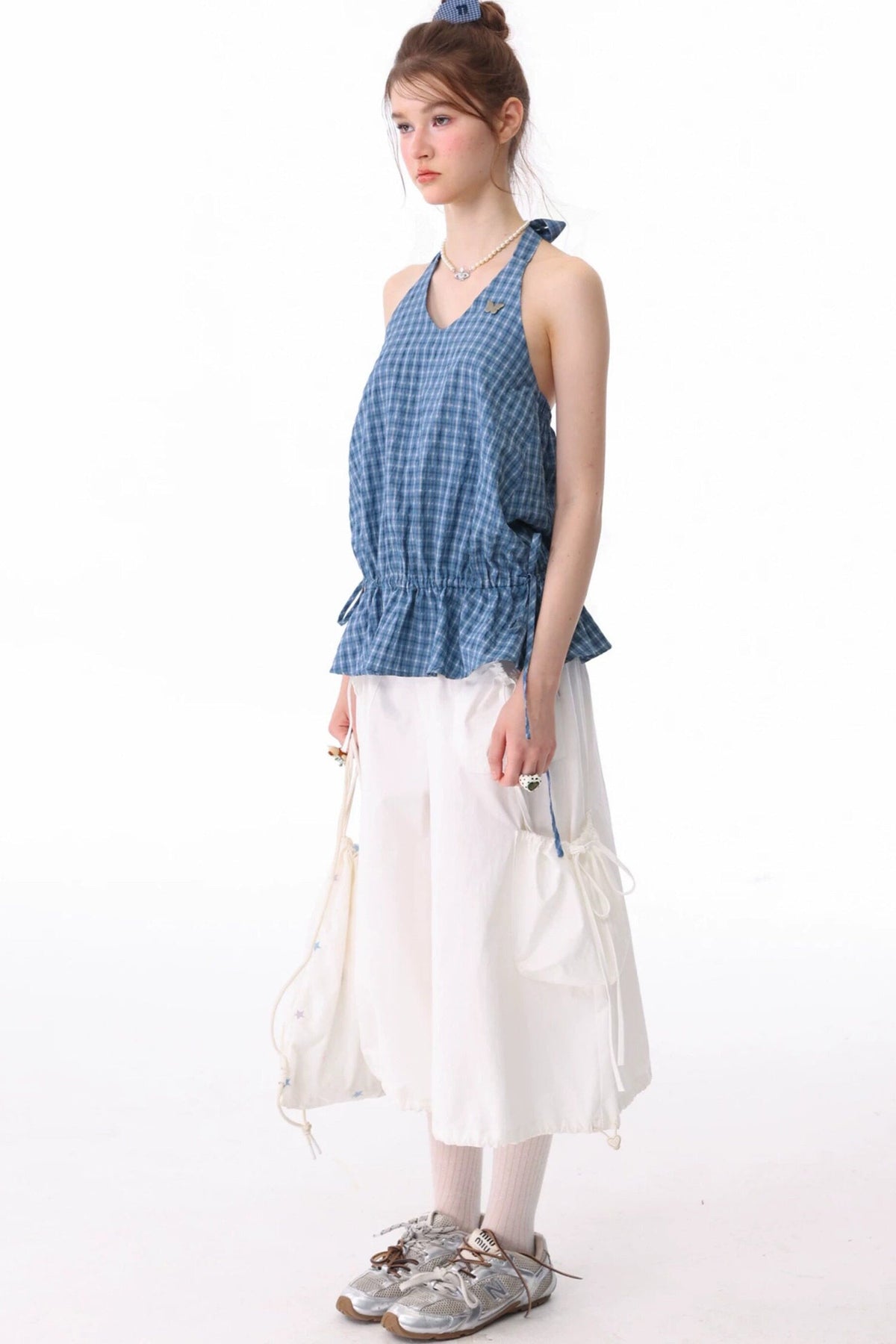 Blue Plaid Halter Neck Tank Top