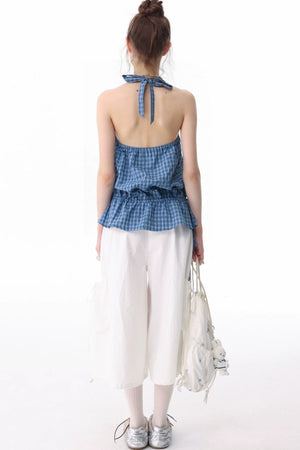 Blue Plaid Halter Neck Tank Top