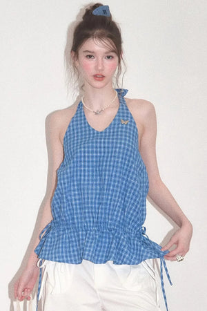 Blue Plaid Halter Neck Tank Top