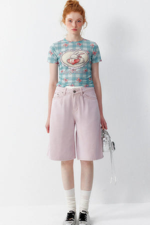 Blue Plaid Heart Rabbit Print T-Shirt