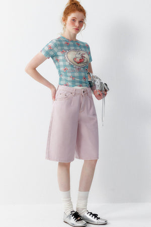 Blue Plaid Heart Rabbit Print T-Shirt
