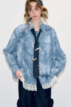 Blue Plaid Lace Hem Blouse