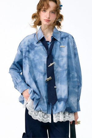 Blue Plaid Lace Hem Blouse