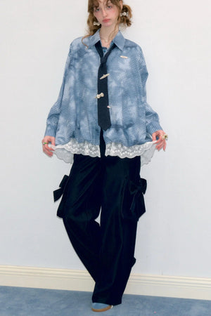Blue Plaid Lace Hem Blouse