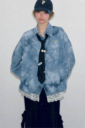 Blue Plaid Lace Hem Blouse