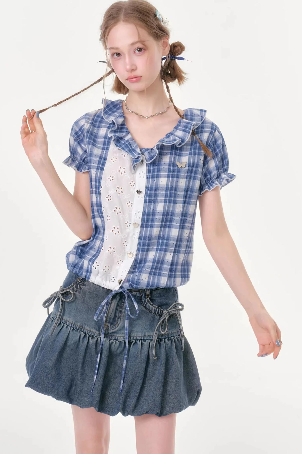 Blue Plaid Patchwork Shirt